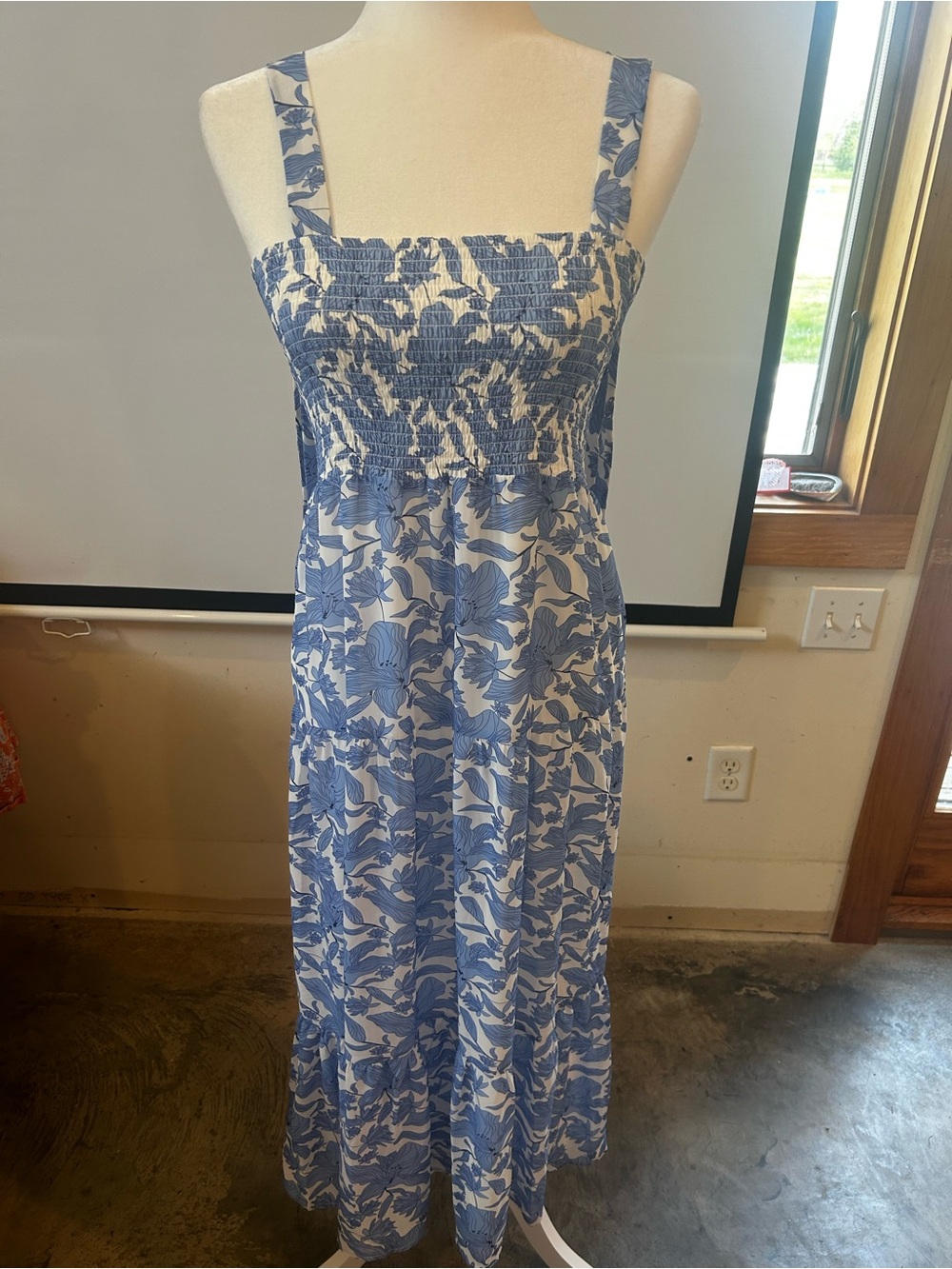 Sam Edelman Blue and White Floral Smocked Maxi Dress
